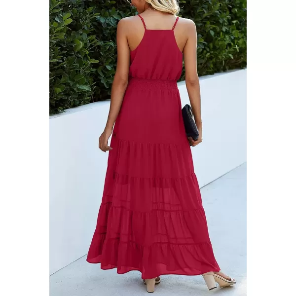 imagePRETTYGARDEN Womens Casual Summer Dress Spaghetti Strap Sleeveless High Waist Beach Long Maxi Sun DressesDeep Red