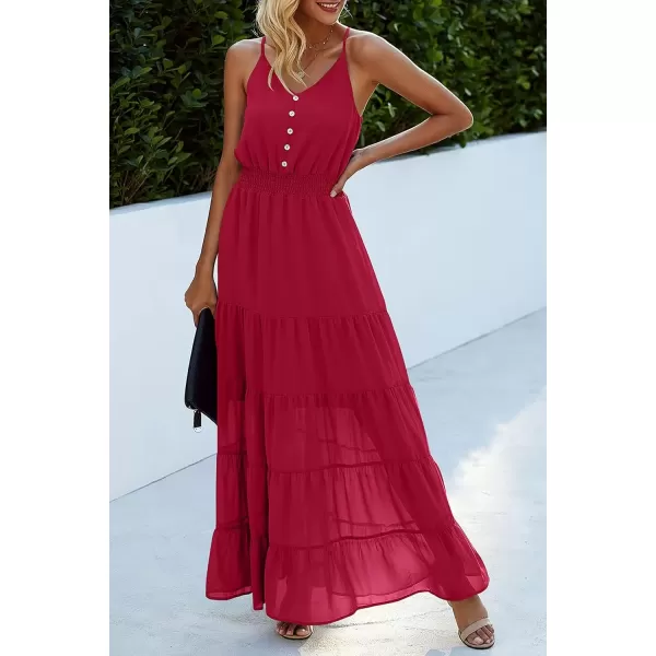 imagePRETTYGARDEN Womens Casual Summer Dress Spaghetti Strap Sleeveless High Waist Beach Long Maxi Sun DressesDeep Red