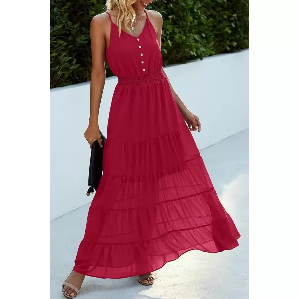 imagePRETTYGARDEN Womens Casual Summer Dress Spaghetti Strap Sleeveless High Waist Beach Long Maxi Sun DressesDeep Red