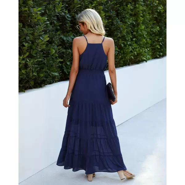 imagePRETTYGARDEN Womens Casual Summer Dress Spaghetti Strap Sleeveless High Waist Beach Long Maxi Sun DressesNavy