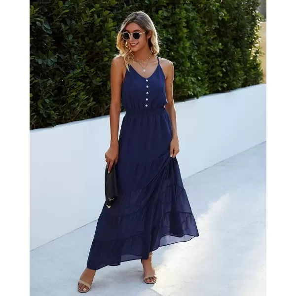 imagePRETTYGARDEN Womens Casual Summer Dress Spaghetti Strap Sleeveless High Waist Beach Long Maxi Sun DressesNavy