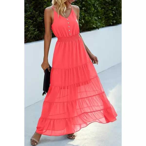 imagePRETTYGARDEN Womens Casual Summer Dress Spaghetti Strap Sleeveless High Waist Beach Long Maxi Sun DressesOrange Red