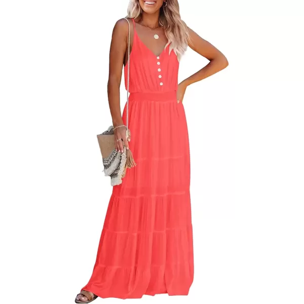 imagePRETTYGARDEN Womens Casual Summer Dress Spaghetti Strap Sleeveless High Waist Beach Long Maxi Sun DressesOrange Red