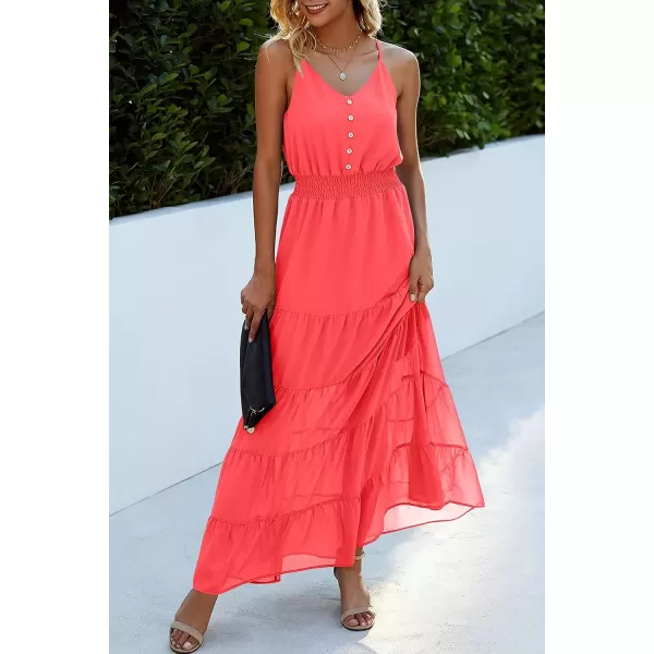 imagePRETTYGARDEN Womens Casual Summer Dress Spaghetti Strap Sleeveless High Waist Beach Long Maxi Sun DressesOrange Red