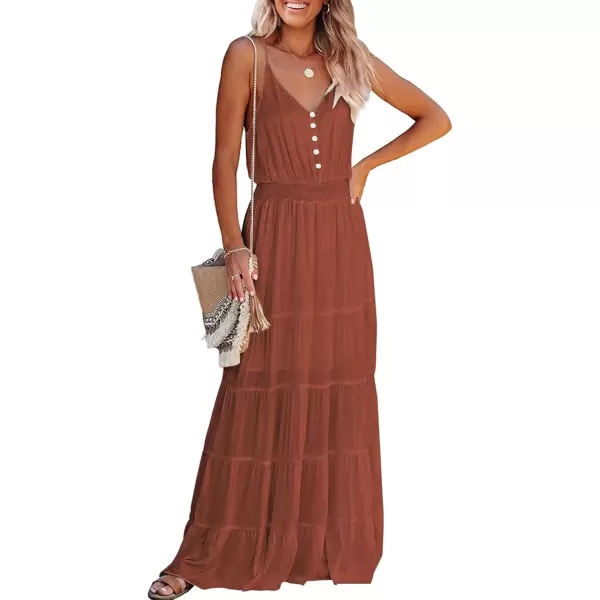 imagePRETTYGARDEN Womens Casual Summer Dress Spaghetti Strap Sleeveless High Waist Beach Long Maxi Sun DressesRust Red