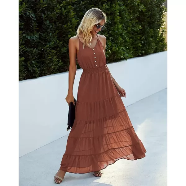 imagePRETTYGARDEN Womens Casual Summer Dress Spaghetti Strap Sleeveless High Waist Beach Long Maxi Sun DressesRust Red