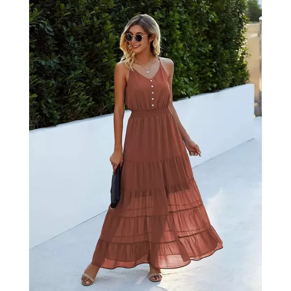 imagePRETTYGARDEN Womens Casual Summer Dress Spaghetti Strap Sleeveless High Waist Beach Long Maxi Sun DressesRust Red