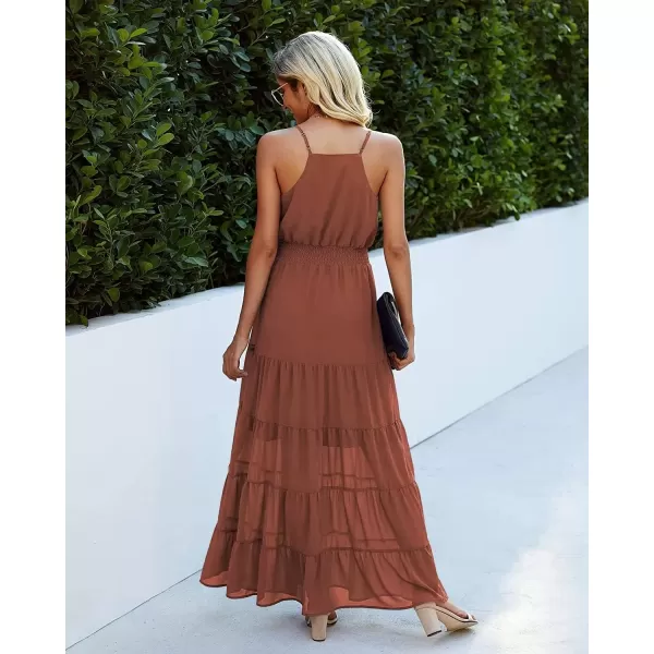 imagePRETTYGARDEN Womens Casual Summer Dress Spaghetti Strap Sleeveless High Waist Beach Long Maxi Sun DressesRust Red