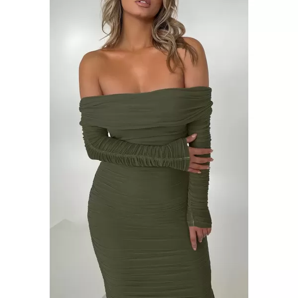 imagePRETTYGARDEN Womens Fall Off Shoulder Maxi Bodycon Dress Long Sleeve Ruched Fitted Club Dresses with SlitArmy Green