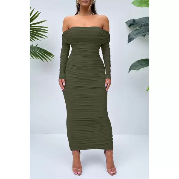 imagePRETTYGARDEN Womens Fall Off Shoulder Maxi Bodycon Dress Long Sleeve Ruched Fitted Club Dresses with SlitArmy Green