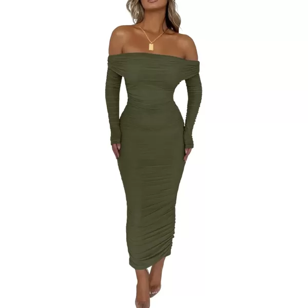 imagePRETTYGARDEN Womens Fall Off Shoulder Maxi Bodycon Dress Long Sleeve Ruched Fitted Club Dresses with SlitArmy Green