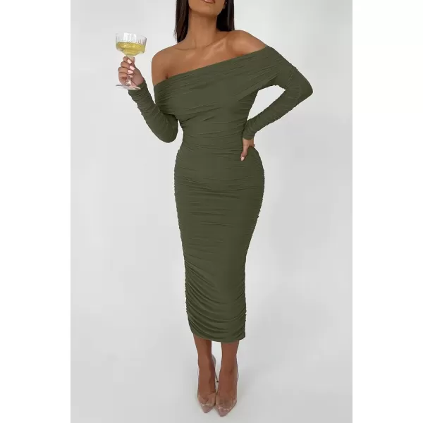 imagePRETTYGARDEN Womens Fall Off Shoulder Maxi Bodycon Dress Long Sleeve Ruched Fitted Club Dresses with SlitArmy Green