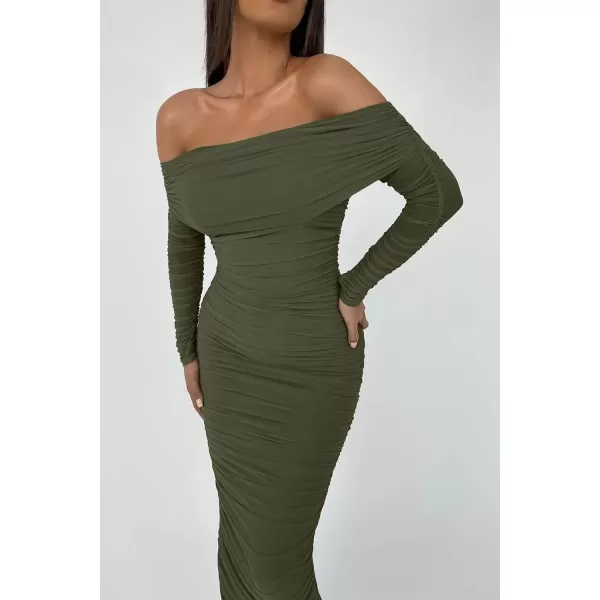 imagePRETTYGARDEN Womens Fall Off Shoulder Maxi Bodycon Dress Long Sleeve Ruched Fitted Club Dresses with SlitArmy Green