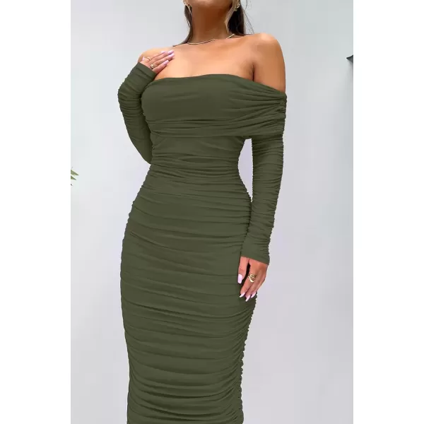 imagePRETTYGARDEN Womens Fall Off Shoulder Maxi Bodycon Dress Long Sleeve Ruched Fitted Club Dresses with SlitArmy Green