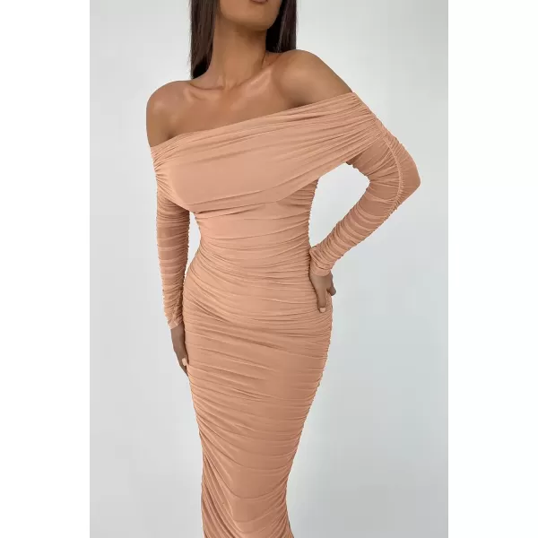 imagePRETTYGARDEN Womens Fall Off Shoulder Maxi Bodycon Dress Long Sleeve Ruched Fitted Club Dresses with SlitBeige