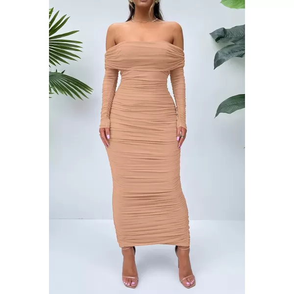 imagePRETTYGARDEN Womens Fall Off Shoulder Maxi Bodycon Dress Long Sleeve Ruched Fitted Club Dresses with SlitBeige