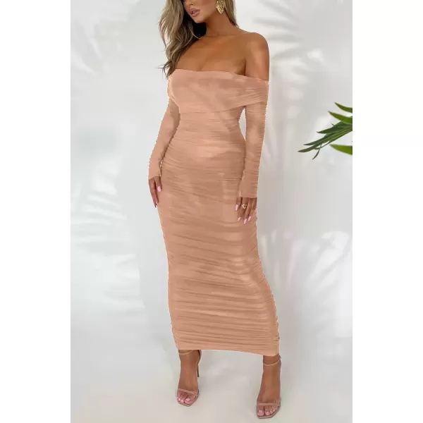 imagePRETTYGARDEN Womens Fall Off Shoulder Maxi Bodycon Dress Long Sleeve Ruched Fitted Club Dresses with SlitBeige