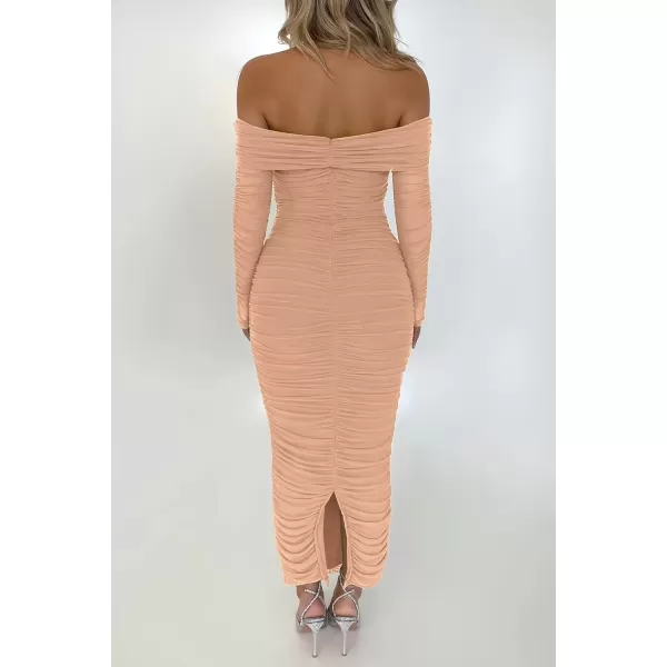 imagePRETTYGARDEN Womens Fall Off Shoulder Maxi Bodycon Dress Long Sleeve Ruched Fitted Club Dresses with SlitBeige