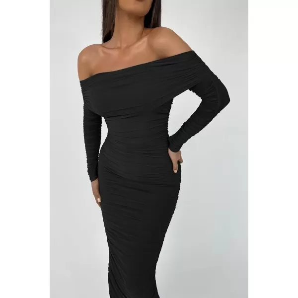 imagePRETTYGARDEN Womens Fall Off Shoulder Maxi Bodycon Dress Long Sleeve Ruched Fitted Club Dresses with SlitBlack