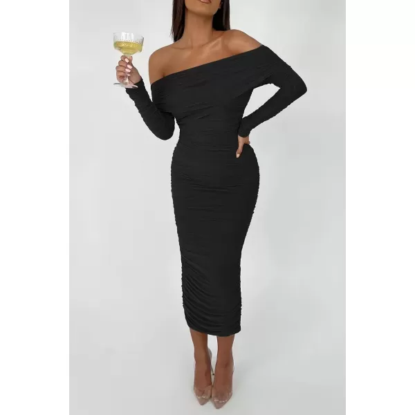 imagePRETTYGARDEN Womens Fall Off Shoulder Maxi Bodycon Dress Long Sleeve Ruched Fitted Club Dresses with SlitBlack