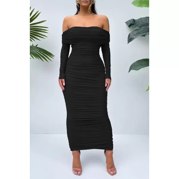 imagePRETTYGARDEN Womens Fall Off Shoulder Maxi Bodycon Dress Long Sleeve Ruched Fitted Club Dresses with SlitBlack