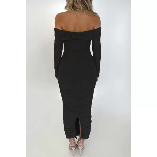 imagePRETTYGARDEN Womens Fall Off Shoulder Maxi Bodycon Dress Long Sleeve Ruched Fitted Club Dresses with SlitBlack