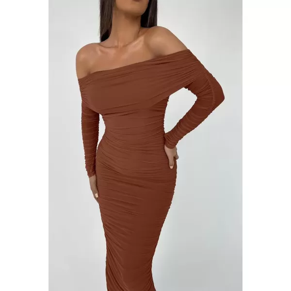imagePRETTYGARDEN Womens Fall Off Shoulder Maxi Bodycon Dress Long Sleeve Ruched Fitted Club Dresses with SlitCaramel