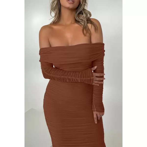 imagePRETTYGARDEN Womens Fall Off Shoulder Maxi Bodycon Dress Long Sleeve Ruched Fitted Club Dresses with SlitCaramel
