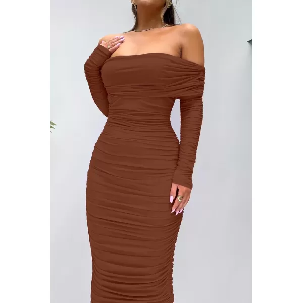imagePRETTYGARDEN Womens Fall Off Shoulder Maxi Bodycon Dress Long Sleeve Ruched Fitted Club Dresses with SlitCaramel