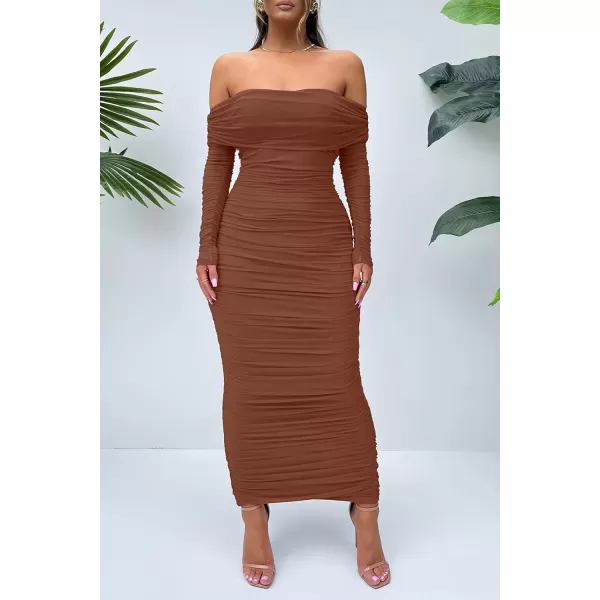 imagePRETTYGARDEN Womens Fall Off Shoulder Maxi Bodycon Dress Long Sleeve Ruched Fitted Club Dresses with SlitCaramel