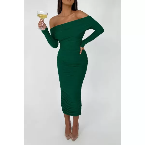 imagePRETTYGARDEN Womens Fall Off Shoulder Maxi Bodycon Dress Long Sleeve Ruched Fitted Club Dresses with SlitGreen