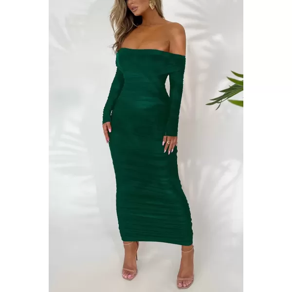 imagePRETTYGARDEN Womens Fall Off Shoulder Maxi Bodycon Dress Long Sleeve Ruched Fitted Club Dresses with SlitGreen