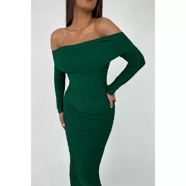 imagePRETTYGARDEN Womens Fall Off Shoulder Maxi Bodycon Dress Long Sleeve Ruched Fitted Club Dresses with SlitGreen