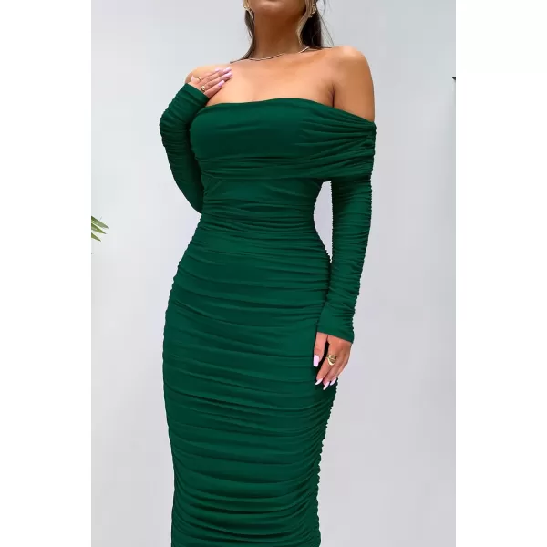 imagePRETTYGARDEN Womens Fall Off Shoulder Maxi Bodycon Dress Long Sleeve Ruched Fitted Club Dresses with SlitGreen