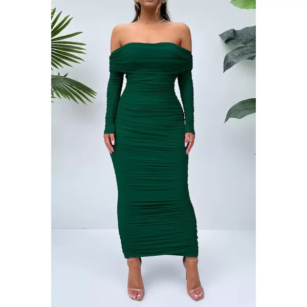 imagePRETTYGARDEN Womens Fall Off Shoulder Maxi Bodycon Dress Long Sleeve Ruched Fitted Club Dresses with SlitGreen