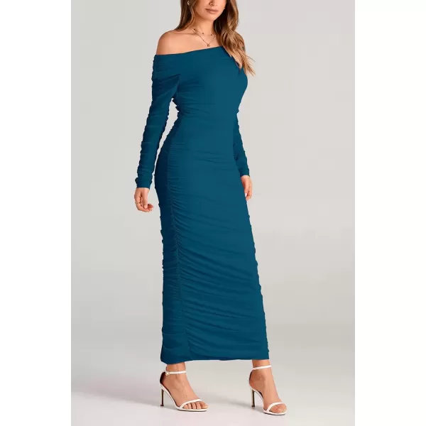 imagePRETTYGARDEN Womens Fall Off Shoulder Maxi Bodycon Dress Long Sleeve Ruched Fitted Club Dresses with SlitLake Blue