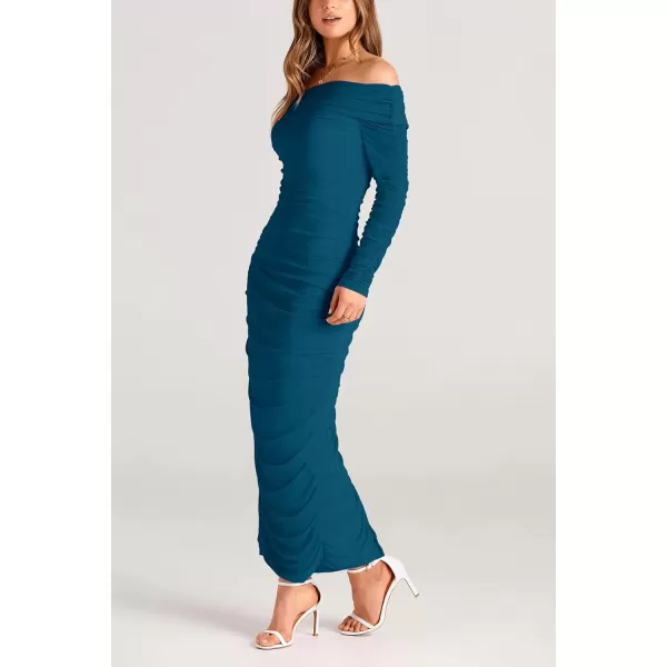 imagePRETTYGARDEN Womens Fall Off Shoulder Maxi Bodycon Dress Long Sleeve Ruched Fitted Club Dresses with SlitLake Blue