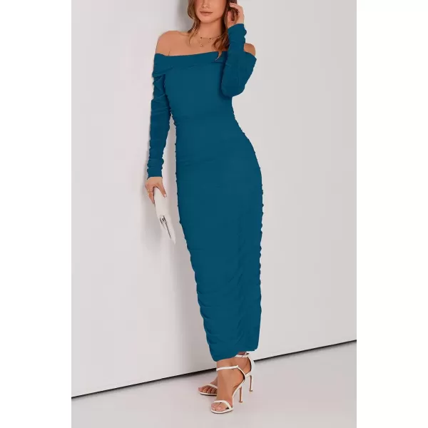 imagePRETTYGARDEN Womens Fall Off Shoulder Maxi Bodycon Dress Long Sleeve Ruched Fitted Club Dresses with SlitLake Blue