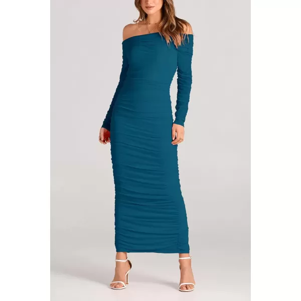 imagePRETTYGARDEN Womens Fall Off Shoulder Maxi Bodycon Dress Long Sleeve Ruched Fitted Club Dresses with SlitLake Blue