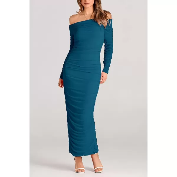 imagePRETTYGARDEN Womens Fall Off Shoulder Maxi Bodycon Dress Long Sleeve Ruched Fitted Club Dresses with SlitLake Blue