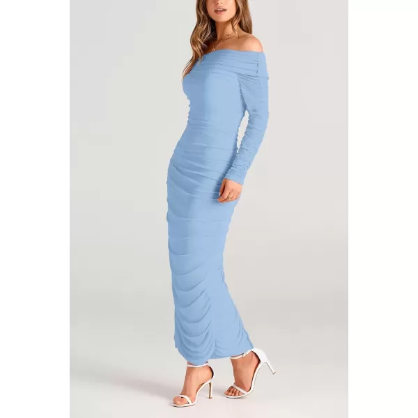 imagePRETTYGARDEN Womens Fall Off Shoulder Maxi Bodycon Dress Long Sleeve Ruched Fitted Club Dresses with SlitLight Blue