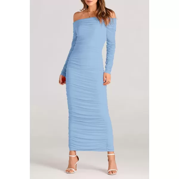 imagePRETTYGARDEN Womens Fall Off Shoulder Maxi Bodycon Dress Long Sleeve Ruched Fitted Club Dresses with SlitLight Blue