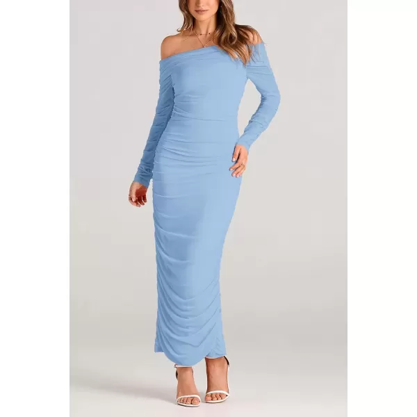 imagePRETTYGARDEN Womens Fall Off Shoulder Maxi Bodycon Dress Long Sleeve Ruched Fitted Club Dresses with SlitLight Blue