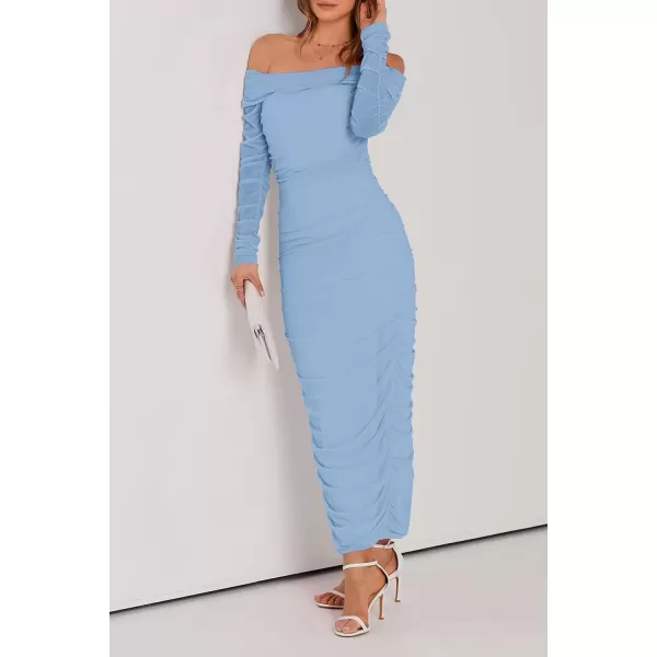 imagePRETTYGARDEN Womens Fall Off Shoulder Maxi Bodycon Dress Long Sleeve Ruched Fitted Club Dresses with SlitLight Blue