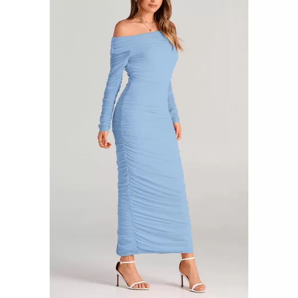imagePRETTYGARDEN Womens Fall Off Shoulder Maxi Bodycon Dress Long Sleeve Ruched Fitted Club Dresses with SlitLight Blue