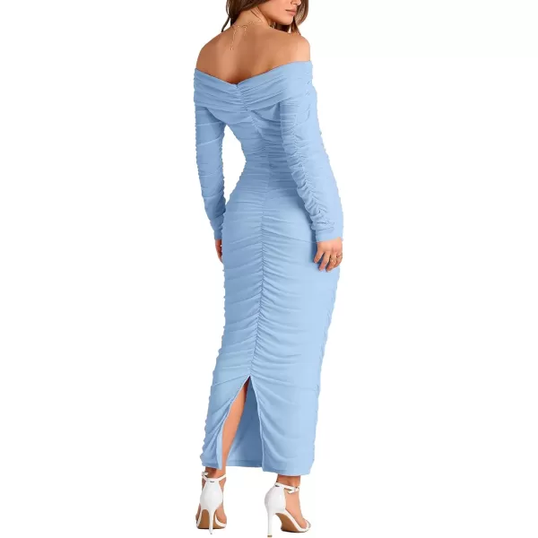 imagePRETTYGARDEN Womens Fall Off Shoulder Maxi Bodycon Dress Long Sleeve Ruched Fitted Club Dresses with SlitLight Blue