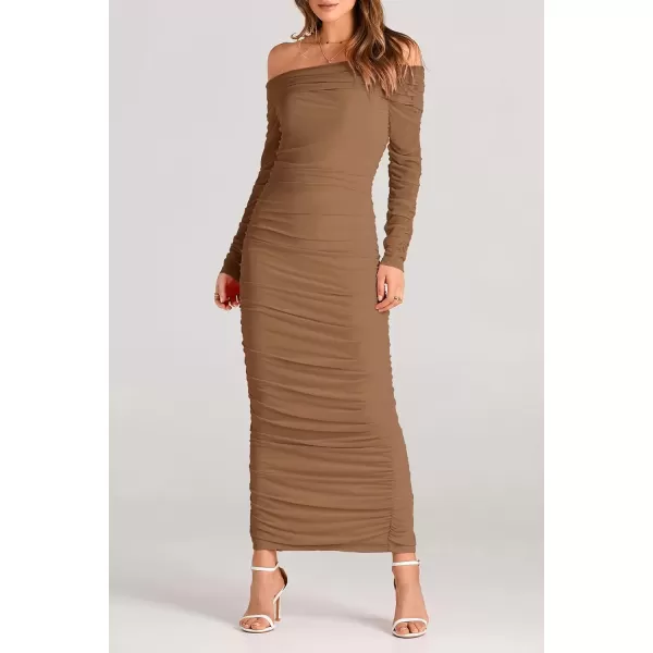 imagePRETTYGARDEN Womens Fall Off Shoulder Maxi Bodycon Dress Long Sleeve Ruched Fitted Club Dresses with SlitLight Brown