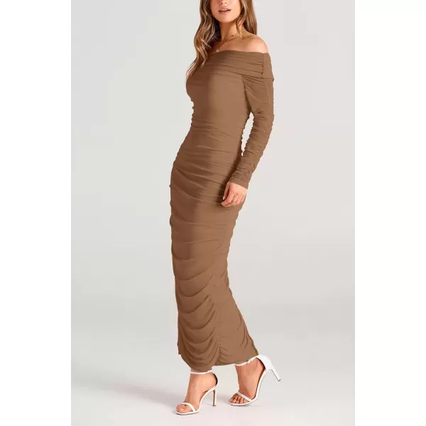 imagePRETTYGARDEN Womens Fall Off Shoulder Maxi Bodycon Dress Long Sleeve Ruched Fitted Club Dresses with SlitLight Brown