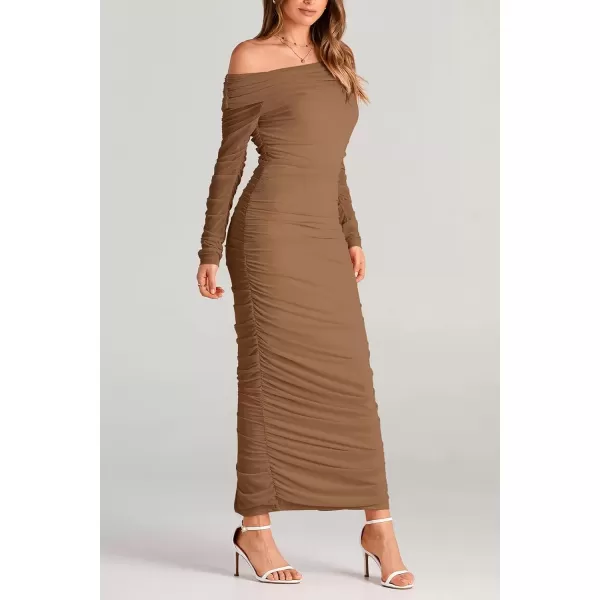 imagePRETTYGARDEN Womens Fall Off Shoulder Maxi Bodycon Dress Long Sleeve Ruched Fitted Club Dresses with SlitLight Brown