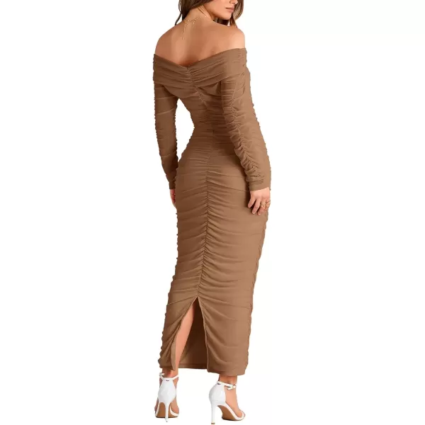 imagePRETTYGARDEN Womens Fall Off Shoulder Maxi Bodycon Dress Long Sleeve Ruched Fitted Club Dresses with SlitLight Brown